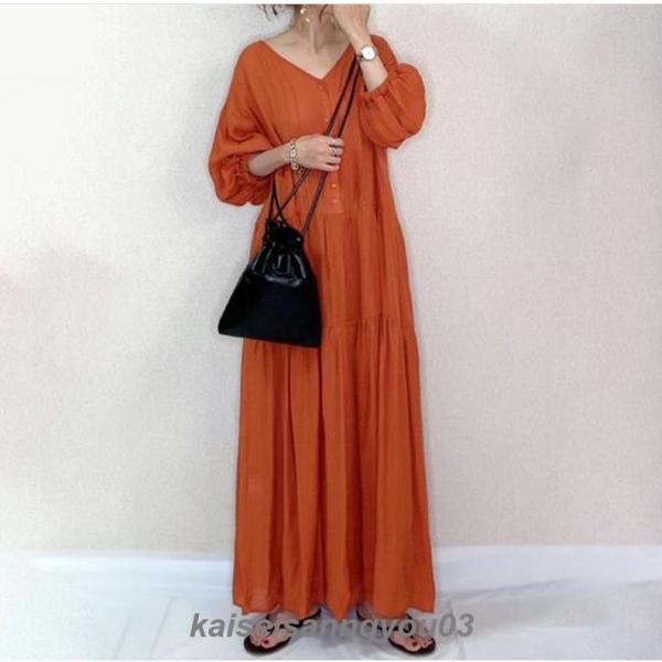マキシワンピース レディース 秋 ロング丈 vネック オレンジ