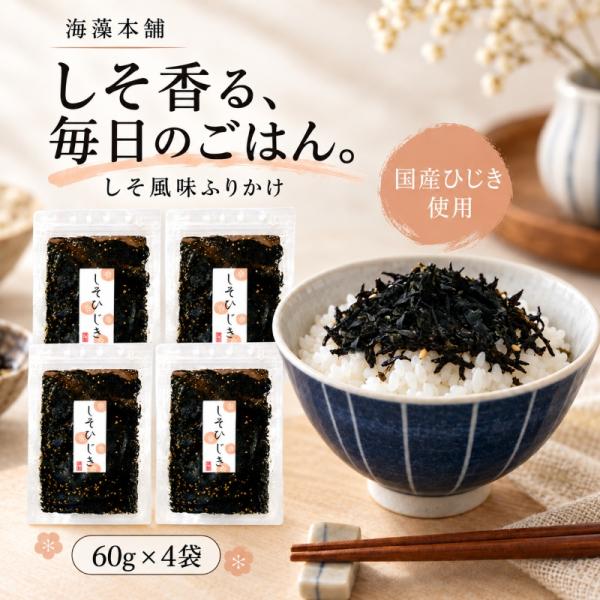 ※ご決済方法：「代金引換」「後払い」はご利用になれません。ひじき ふりかけ 「しそひじき 60ｇ×4袋セット」定番のしそ風味ひじき。乾燥パリパリのふりかけではなく、ソフトタイプのふりかけです。商品流通は、常温便で発送しておりますが、ご使用後...