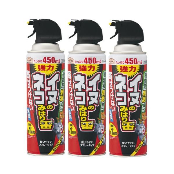 【商品名】イヌ・ネコのみはり番 スプレー【内容量】450ml×3本【成　分】消臭成分、チモール、植物精油（ペパーミントオイル、ヒノキオイル、天然ワサビオイル）【用　途】犬猫の忌避、フン尿臭の消臭【販売元】アース製薬株式会社【商品特長】◆犬猫...