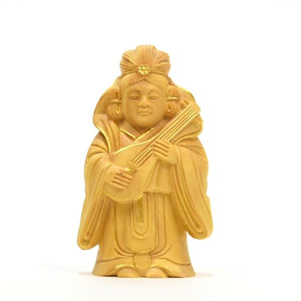 木彫り仏像 七福神之【弁財天】 柘植 金泥付 高さ8cm : 海宇工芸
