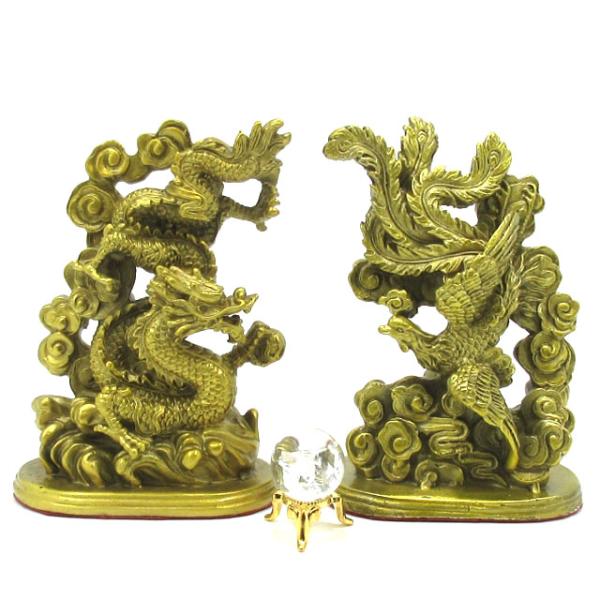 龍 鳳凰 龍鳳 置物 大 銅製 TYPE A2 天然石 レインボー水晶玉 虹入り水晶付 朱雀 青龍 蒼龍 四神 五爪龍 皇帝龍 風水 開運 グッズ アイテム インテリア