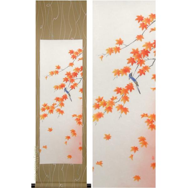 井上　秀城　紅葉　鳥　日本画　掛軸 井上秀城紅葉鳥日本画掛軸