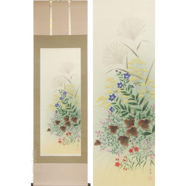 Popo掛け軸 川村観峰 秋草に鶉 うずら 絹本 希少 茶道具 掛軸 美品 kakejiku_yk-8603