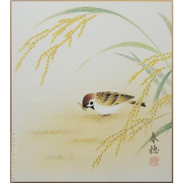 高級色紙「稲穂に雀」春穂（色紙絵） : 掛け軸・絵画の専門店