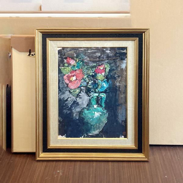 絵画 油彩 佐藤吉五郎「椿」10号 花 花瓶 額入り 油絵 日本の名画 壁