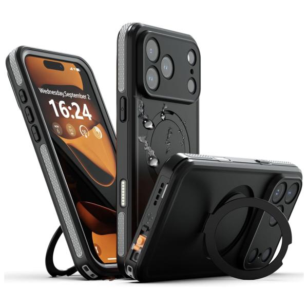 互換品 iPhone 17 Pro Max用 ケース 防水ケース 衝撃吸収 水中撮影対応 顔認証対応 全面保護 IP68米軍規格 MagSafe対応 スタンド機能 ストラップ付き  ブラック