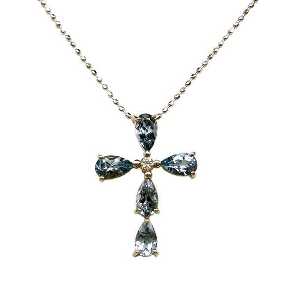 限定1点】 K18 ホワイトゴールド アクアマリン ダイヤモンド クロス 