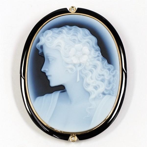 シュミット作 K18 オニキス枠 ダイヤモンド 0.02ct メノウ カメオ