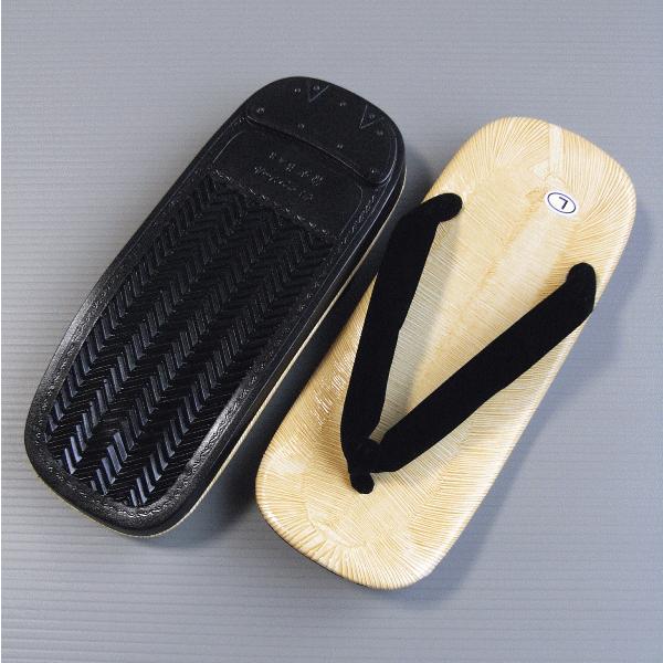 底にウレタン素材を使用し、ソールにギザギザ（キャタピラーソール）を入れ滑りにくくしたウレタン底草履です。男性用。台は、ノザキ表（竹を薄く裂いて編んだ伝統的な草履・雪駄表）をイメージした薄茶＆茶の変り縞模様のザラッとした感触のビニールです。鼻...