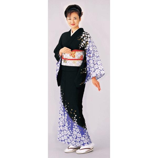 訪問着 着物 反物 女性 男性 踊り 絵羽 洗える着物 黒 枝垂桜 : カメヤ