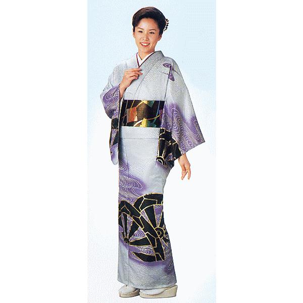 訪問着 女性 踊り 絵羽 洗える着物 納期35日 グレイ 源氏車 : カメヤ