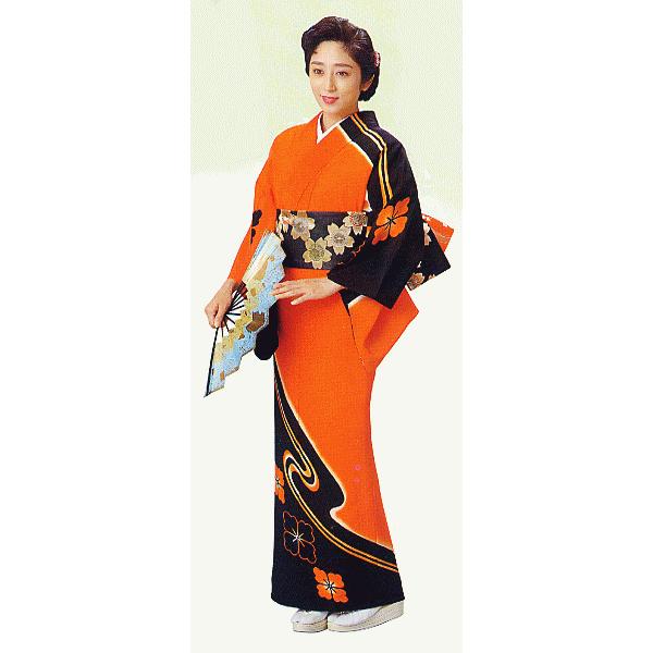 訪問着 女性 踊り 絵羽 訪問着 洗える着物 納期35日 蜜柑色 花菱 : ns  