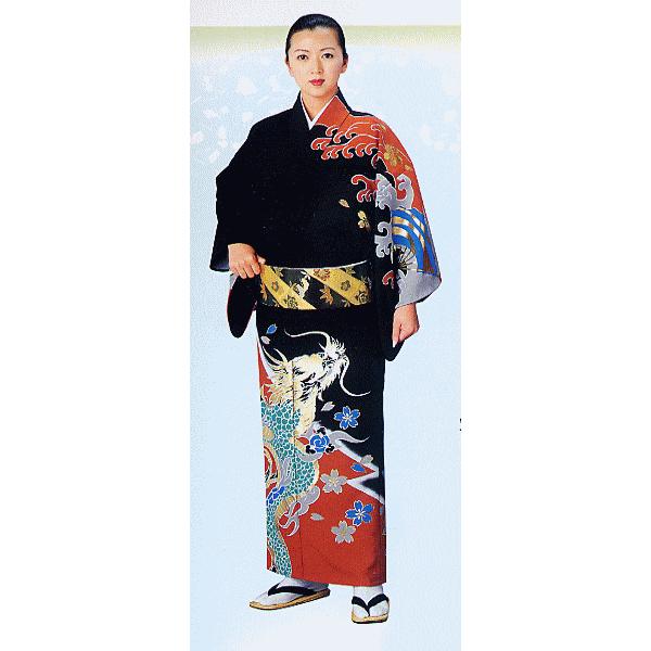 訪問着 女性 男性 踊り 絵羽 洗える着物 納期35日 黒 昇り竜 : カメヤ