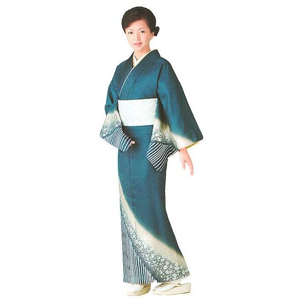 訪問着 女性 プレタ 踊り 絵羽 洗える着物 藍色 棒縞 霰 : カメヤ 