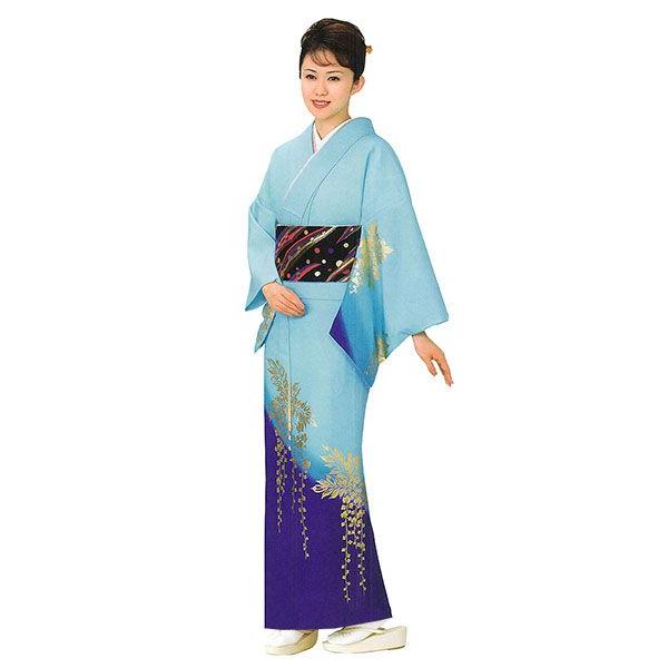 訪問着 女性 プレタ 踊り 絵羽 洗える着物 スカイブルー 藤 : カメヤ