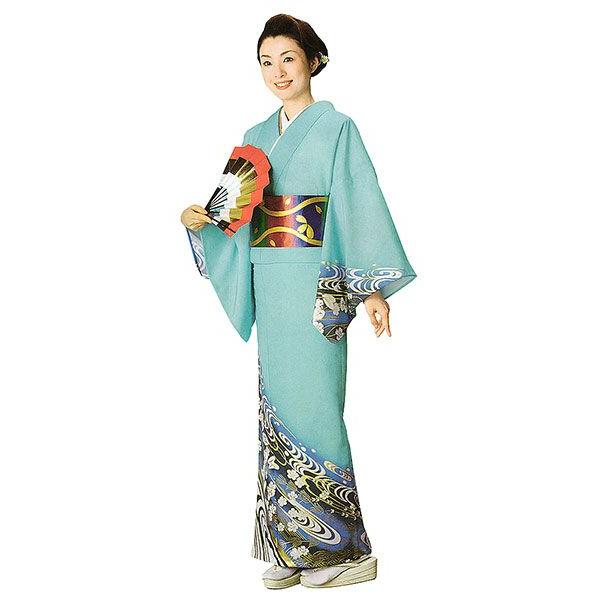 訪問着 女性 プレタ 踊り 絵羽 洗える着物 薄浅葱 観世水