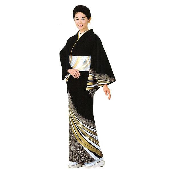 訪問着 女性 胴抜き プレタ 踊り 絵羽 洗える着物 黒 流水 : カメヤ 