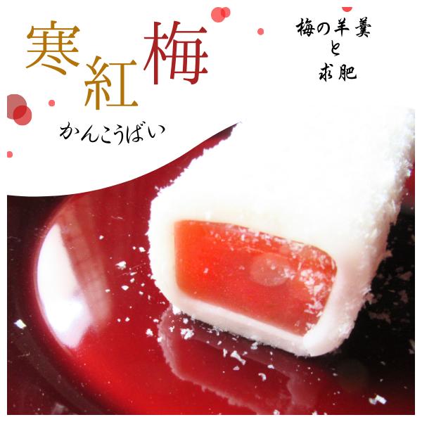 もっちり求肥と梅の羊羹が美味しいお菓子求肥の白と梅の羊羹が愛らしい見た目にも縁起のいい紅白のお菓子でございます。もっちりとした求肥には氷餅をまぶし、日の光にキラキラと輝く雪を表現致しました。梅の花に雪がうっすらとつもった冬景色を思わせるお菓...