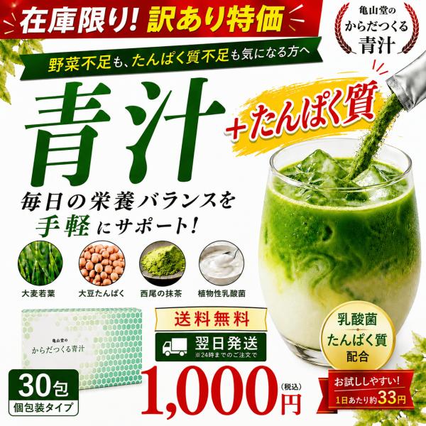 青汁 訳あり 乳酸菌 たんぱく質 30包 1000円 送料無料 からだつくる青汁 大麦若葉 ソイプロテイン 抹茶風味 個包装 亀山堂 在庫限り ポイント消化