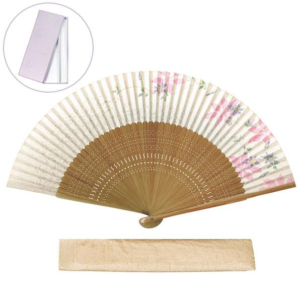 マツヨシ 1763 大短地春雨貼 紙扇子 婦人「鉄線(差し袋[6072-1]セット)」箱入り 扇子 19.5cm メーカー取寄品