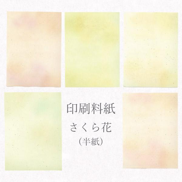 かみもん 印刷料紙 さくら花 半紙サイズ 五色セット(別漉和紙)50枚入 24.2×33.3cm 書道料紙 印刷料紙 刷毛目筋入り型染 桃、紫、草