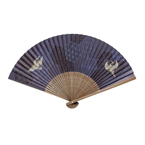 伏見上野旭昇堂 uen-5710 紙扇子 唐木中彫「紺地 鶴」紳士用 香り付 7.5寸15間 約22.5cm メーカー取寄品