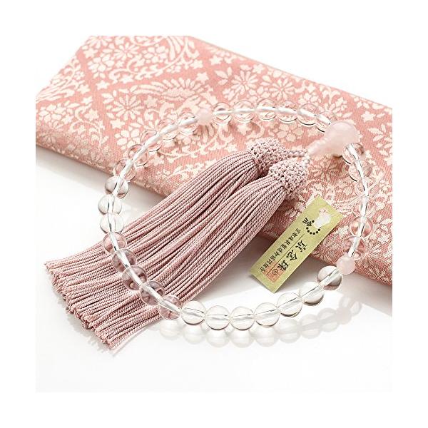 他サイト： 念珠ドットコム 数珠 女性用 本水晶 ローズクォーツ 約8ミリ 正絹房 数珠袋付き すべての宗派で使える 8mm 略式数珠 京念珠の商品画像
