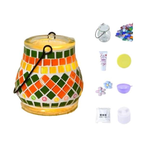 セット内容 グラスキャンドルホルダーキット、 モザイクタイル、ガラス容器、スポンジ、ブラシ、ボウル、へら、クリーム接着剤、グラウト、ビニール手袋　日本語説明書付モザイクタイル クラフト ハンドメイド 工作キット ステントグラスキット 子供 ...
