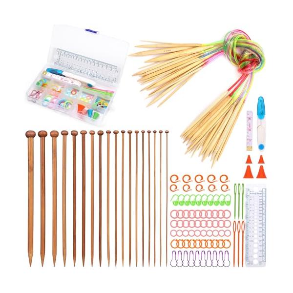 セット内容: 輪針、手あみ針、段数マーカー、段数リング、目数リング、開口段数リング、金属ピン、棒針キャップ、縫い針、はさみ、定規、巻尺。完全な編み物セットで、より簡単に手仕事をできます。手に優しいの輪針: 編みやすく、糸割れしにくい独自の針...