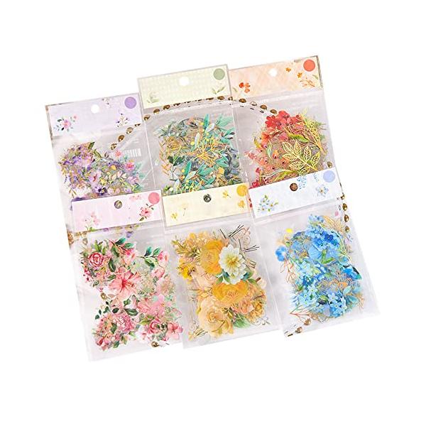 MOMI シール 花 シール フレークフレークシール 透明・箔押し・防水・花 DIY 手帳の飾り 透明性と防水性メモ用紙ノート素材、日記装飾用品 6パック