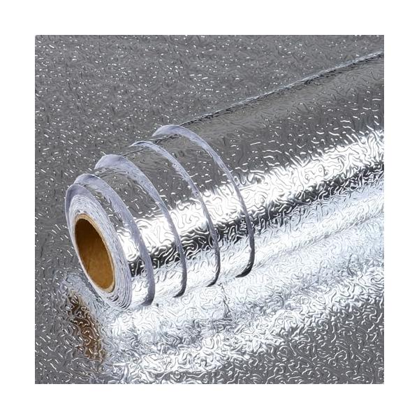 サイズ ：40cmｘ3m　貼り付け説明書付き　色：金属柄 壁 キッチン シート； お好きな長さに金属柄調カッティングして活用できます。裏面は嬉しい目盛り付でDIY初心者の方でもお気軽にお試しいただけます 簡単に家具を再生 テーブル、家具、キ...