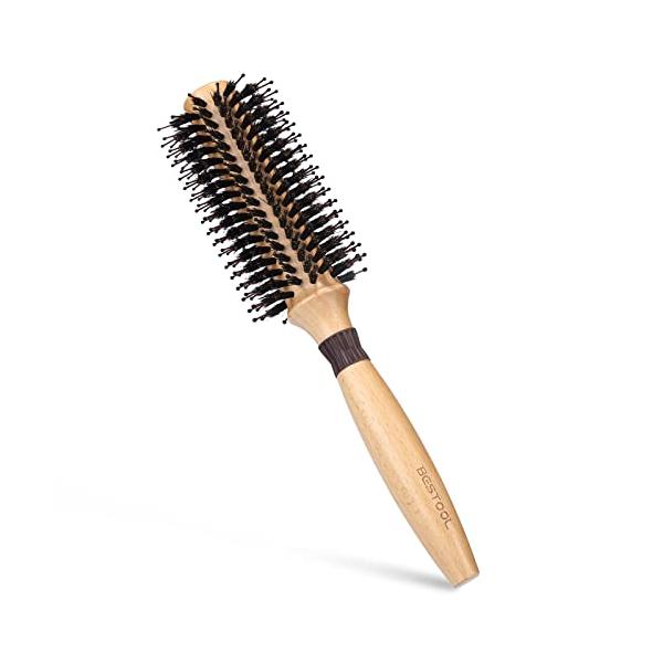 BESTOOL 豚毛 ロールブラシ カールブラシ ブローブラシ ヘアブラシ くし 木製 櫛 ヘアケア レディース メンズ 巻き髪 耐熱 人気 艶髪 (M)