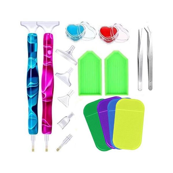 17点セット ：ダブルエンドドリルペンx2、ダイヤモンドペインティング用滑り止め粘着マットx4、接着剤粘土*2、ビーズ調整板*2、ピンセット*2、交換用ペンチップ5本 高品質素材 当社のダイヤモンドペインティングペンは100%ハンドメイドの...