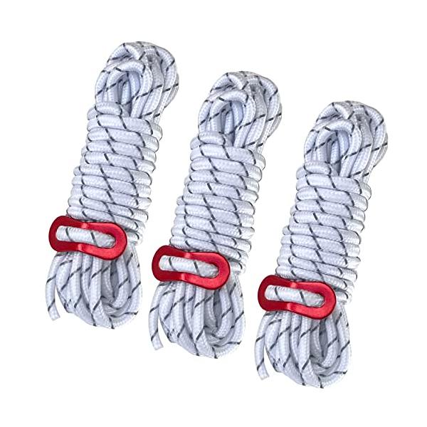 ロープ本体のカラーはホワイト、反射材はグレー、自在金具はレッドのシンプルなガイロープです。アウトドアやキャンプ等で様々なテントやタープなどにご使用いただけます。幅は5mmありますのでご使用時は径をご確認下さい。長さを自由に調節可能なアルミ合...