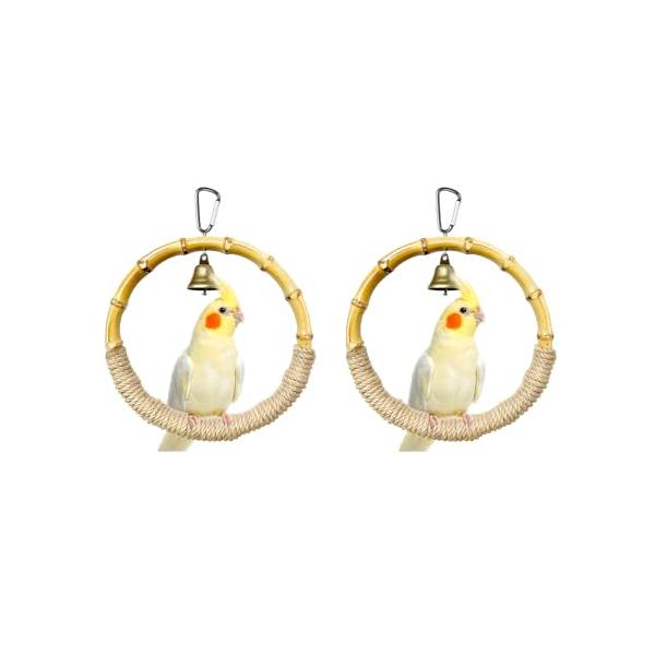 ボウズインコ用天然竹製バードスイングおもちゃ、頑丈な鳥かご用麻ロープスイング用の鳥の止まり木、ボウズインコ用おもちゃ パロット、セキセイインコ、コキューティエル、コニュア、フィンチ、カイクインコ用の登り 噛む止まり木スタンド 2セット ペッ...