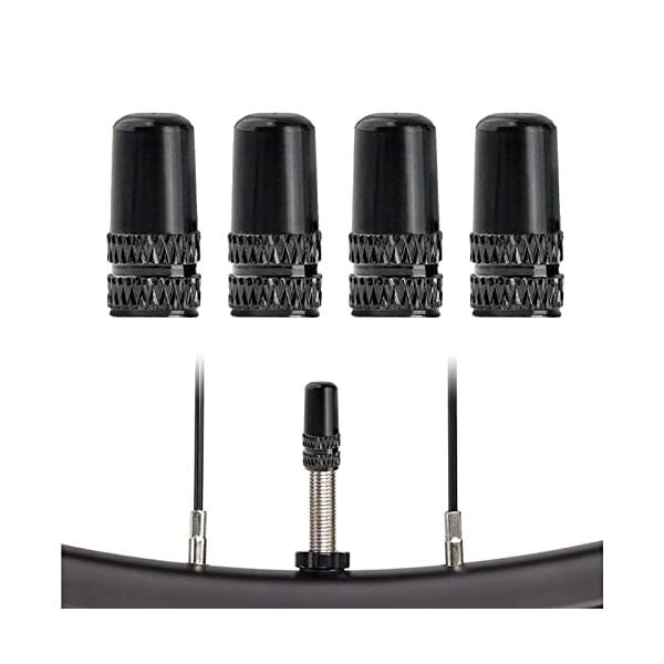 製品仕様＆仏式、英式に対応  セット内容：バルブキャップ*4個１セット。サイズ：全長約16mm、直径約7mmです。カラー：ブラック。自転車用アルミ合金製仏式バルブキャップは占有スペースが小さく、持ち運びに非常に便利です。汎用サイズなので、仏...