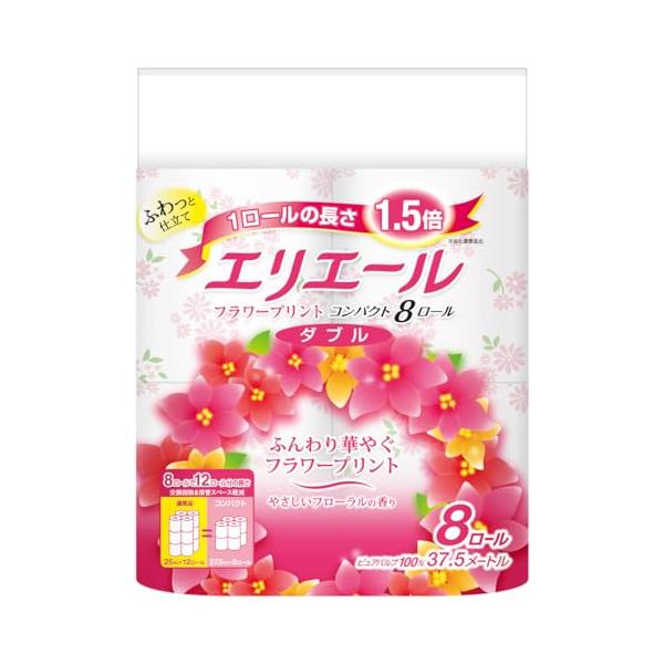 さりげなく華やかな、やさしい花柄のプリント。加工技術の改良で、やわらかさをアップ。やさしいフローラルの香り。パルプ100％。8ロールで12ロール分の長さ。持ち運びやすく、保管に場所をとらないコンパクトサイズ。ドラッグストア/日用品/トイレッ...