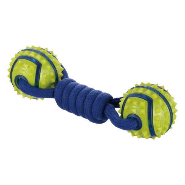 デンタルケアに・・・遊びながら歯のケアができます。引っ張り合いっこも楽しめます。●商品情報●商品名/ナーフドッグ スパイクバーベル 9i超小型犬〜大型犬用体重目安/40kg以下サイズ/24.4×6.8×7.6(cm)材質/合成ゴム、綿※画面...