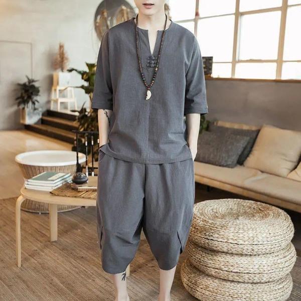 綿麻上下セット 七分丈サルエルパンツ メン 甚平風 セットアップ リネン 夏 薄手 ルームウェア 部屋着