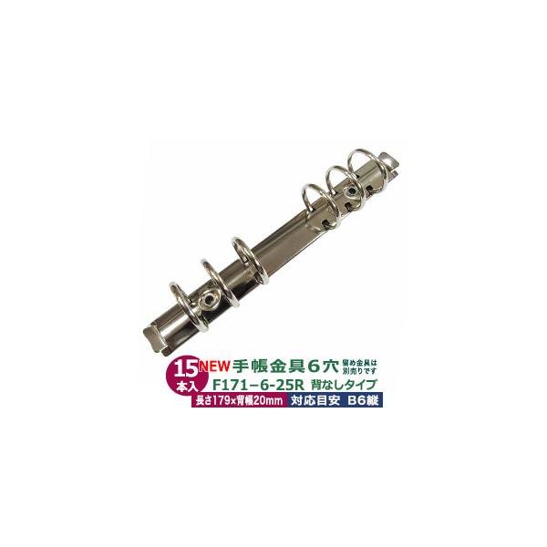バインダー金具 F171-6-25R シルバー 長さ179mm ×背幅20mm 背なし（取付金具別途必要）タイプ 6穴 鉄製 15本入 新デザイン