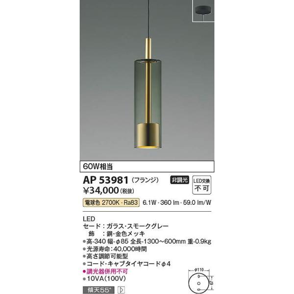 ‼︎新品未使用‼︎コイズミ　ペンダントライト　AP53981 1つのみ コイズミ照明 AP53981 LEDペンダント Σ : 住設建材カナモンジャー