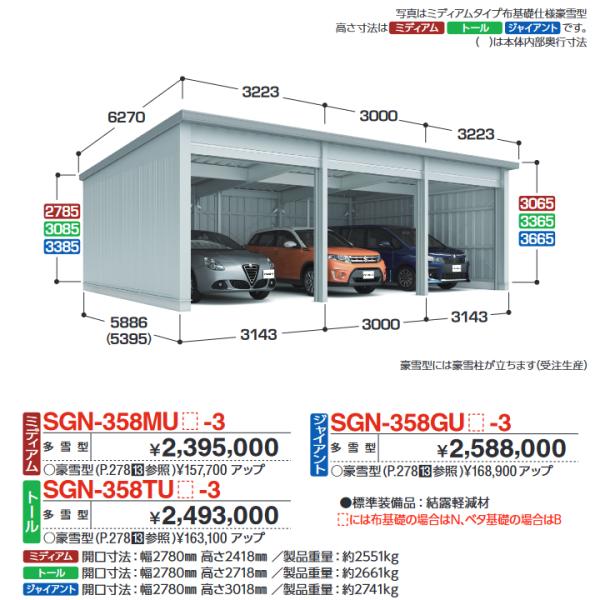 イナバ物置 SGN-358TUN-3 イナバ倉庫・ガレージ 3棟タイプ 【多雪型