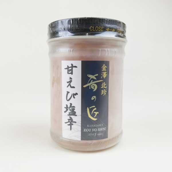 糀に漬け込むことにより、甘えびの持つ甘さを引き出しています。やわらかい甘えびとほんのり甘い味付けはお子様からお年寄りの方まで幅広く、お召し上がりいただけます。お好みによって柚子等を切り加えていいただくといっそう美味しくお召し上がりいただけます。