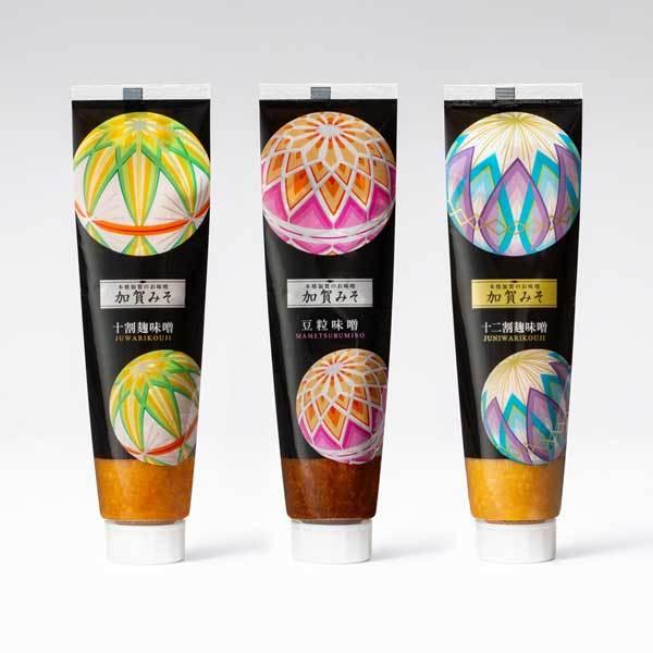 ≪加賀味噌食品工業協業組合≫加賀みそチューブなパウチ加賀てまり柄3本セット（十二割麹味噌、十割麹味噌、豆粒味噌）【★送料無料】