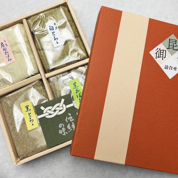 【商品について】太白おぼろ、黒おぼろ、白とろろ、黒とろろの4種類のセットです。おぼろ昆布はお吸い物やお味噌汁にふわっと浮かべて　又白とろろ昆布は、うどん、麺類、ごはんにふりかけてお召し上がりください。御中元、御歳暮、各お返しの品物に如何ですか。　