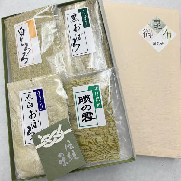 【商品について】太白おぼろ、黒おぼろ、白とろろ、味付昆布の4種類のセットです。味付け昆布は昆布の栄養を損なうことなく、ほどよい味付けをしたおぼろ昆布です。パリっとした味が「おつまみ」にまた「おにぎり」に巻いてお召し上がりくだされば最適です。...