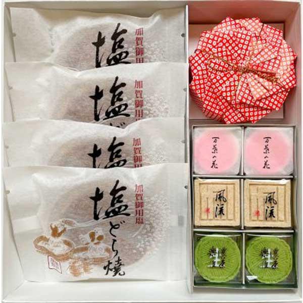 【商品について】◎塩どら焼：石川県珠洲地方で作られる揚浜式製塩法の塩を使った塩どら焼に細かく切った栗を餡の中に混ぜ込みました。◎花うさぎ：一粒一粒が口の中でとろける上品な甘さの落雁。和紙で包んだ姿が、可愛いうさぎのよう。◎楽雁：「濃茶落雁」...