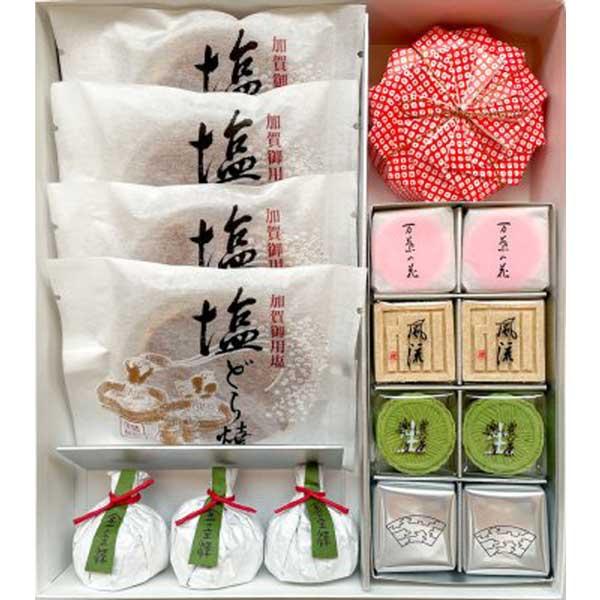 【商品について】◎塩どら焼：石川県珠洲地方で作られる揚浜式製塩法の塩を使った塩どら焼に細かく切った栗を餡の中に混ぜ込みました。◎花うさぎ：一粒一粒が口の中でとろける上品な甘さの落雁。和紙で包んだ姿が、可愛いうさぎのよう。◎金の霊沢：本練抹茶...