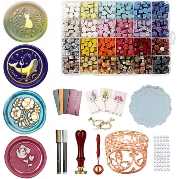 シーリングワックス セット Kandar シーリングスタンプ セット 印面4種類 炉 ペン スプーン シール セット 24色 ワックスビーズ 大量 透明 取扱説明書付き