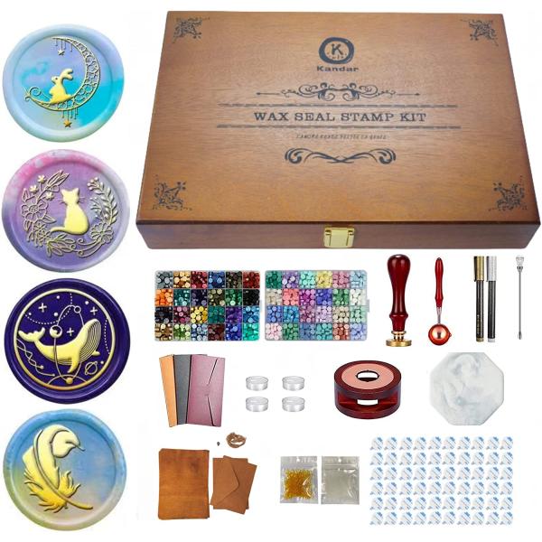 シーリングワックス セット Kandar シーリングスタンプ セット 木箱付き 印面4種類 炉 ペン スプーン シール セット 48色 ワックスビーズ 大量 透明 初心者 DIY